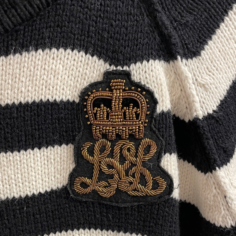 Ralph Lauren Polo Black & Cream Striped Layered Bullion Patched Sweater Size PL - Picture 7 of 17